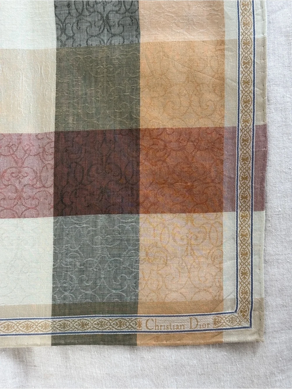 Vintage Dior Jacquard Woven Plaid Cotton Linen Bandana Scarf Made in Japan
